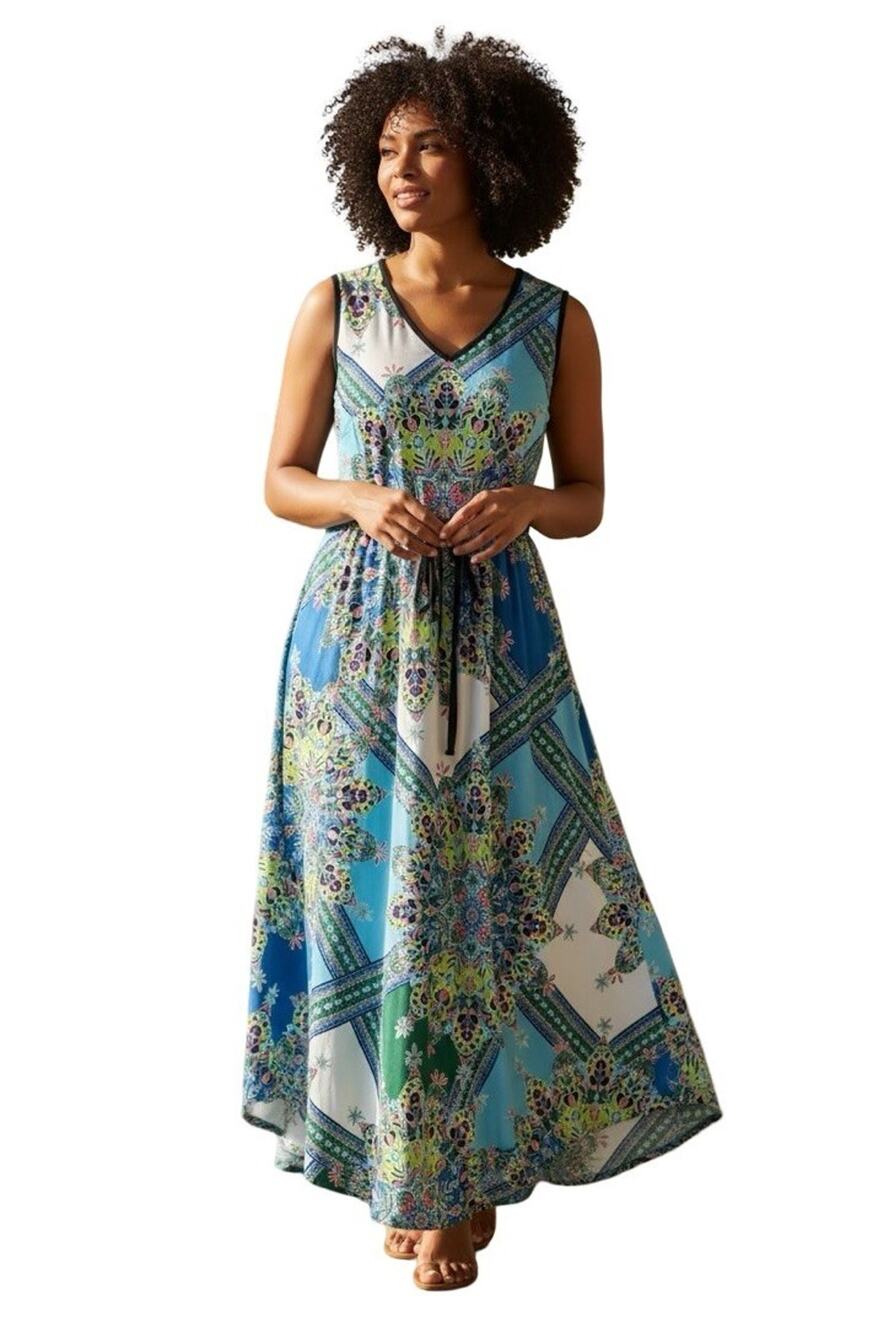 London Style Collection Blue V-Neck Sleeveless Jersey Knit Print Dress sz 24 W